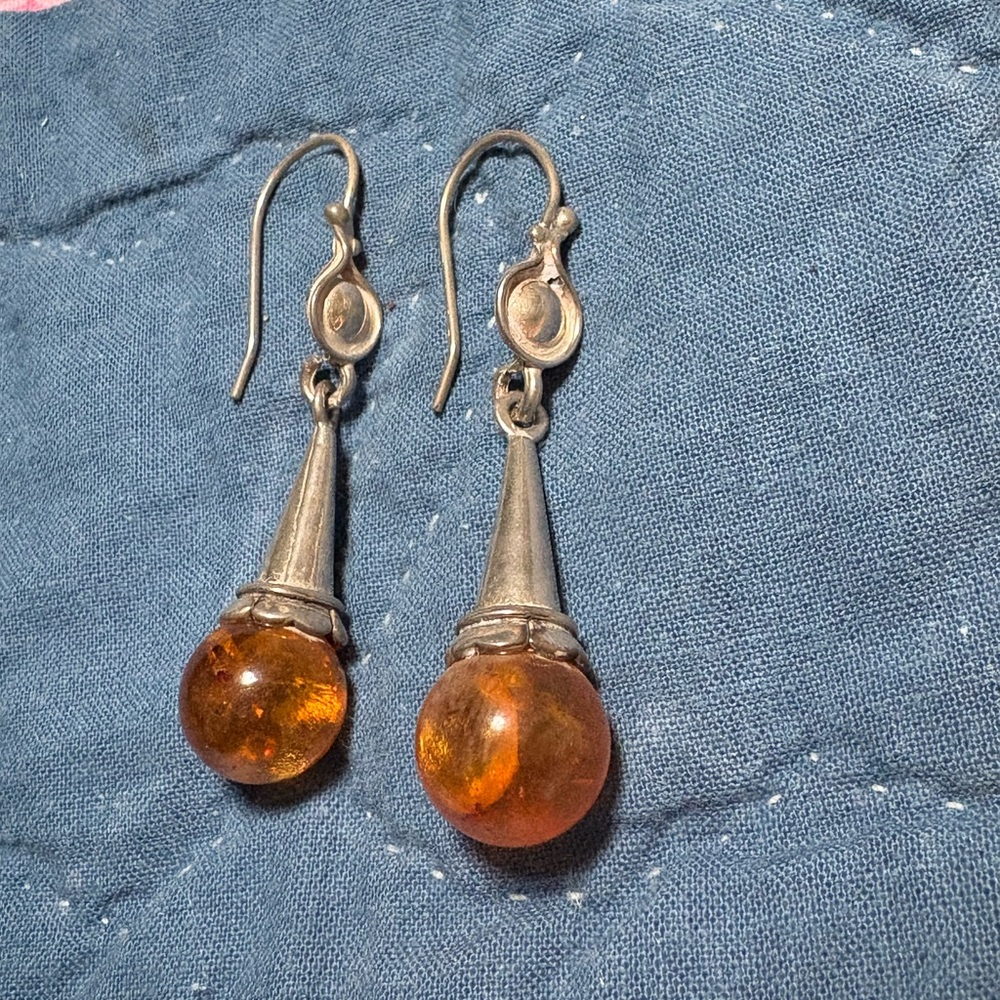 Amber and Sterling Silver Teardrop Earrings
